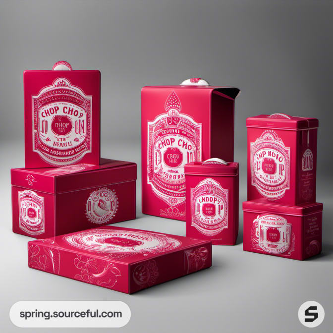Collection of red boxes with intricate white designs in various sizes and shapes against a gray background.