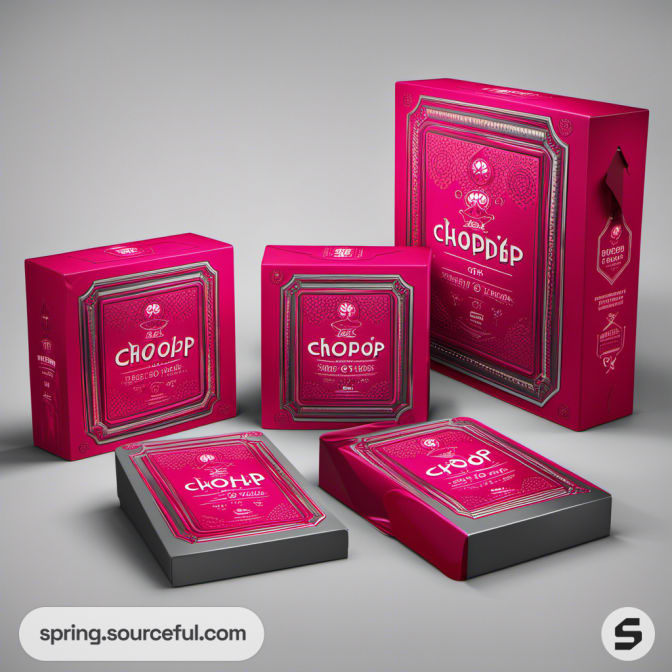 Vibrant pink product packaging with ornate silver designs and text, featuring multiple box sizes displayed on a gray background.
