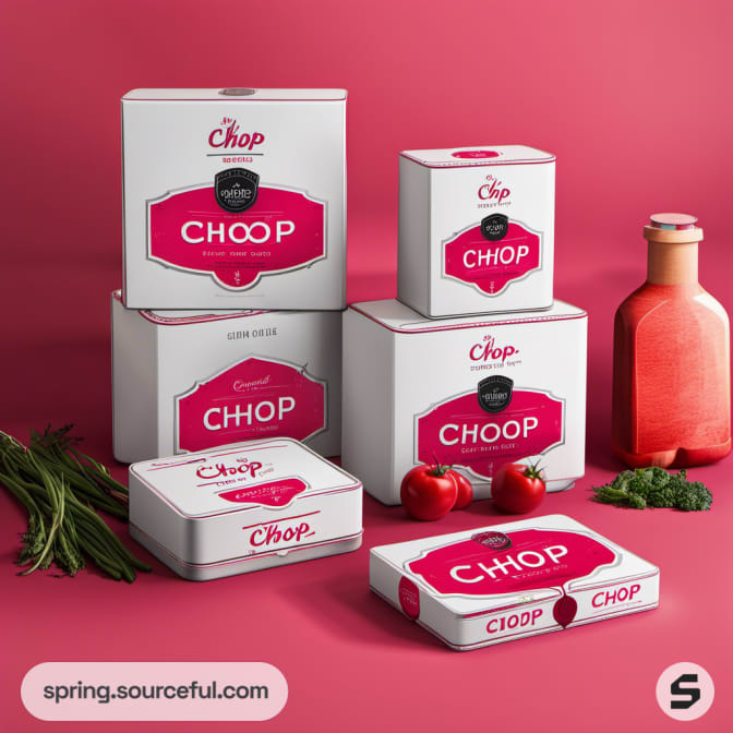White and pink tin boxes labeled 'Chop' with herbs and tomatoes on a pink background.
