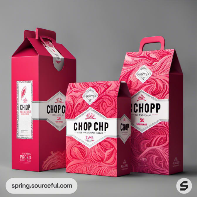 Three red and pink decorative drink cartons with creative swirl patterns and handles, displayed against a gray background.