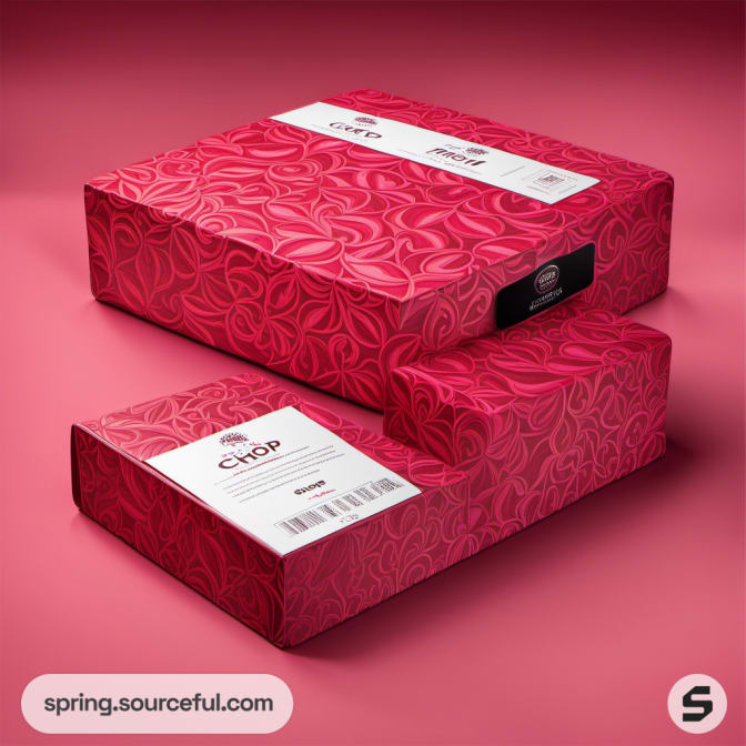 Red floral-patterned cardboard boxes with white labels on a red background.
