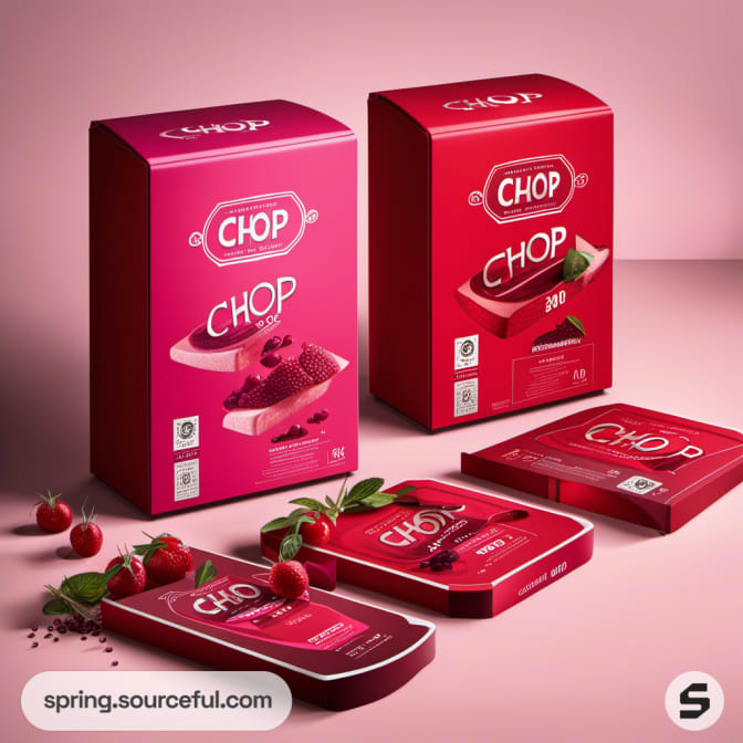 Red rectangular boxes and tins of chocolate-flavored products on a pink background with raspberries.