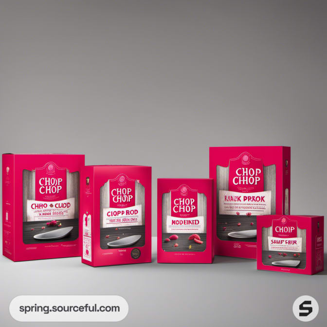 Five red and black knife packaging boxes of various sizes on a gray background.