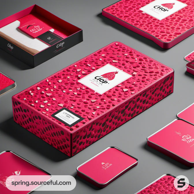 Red leopard pattern gift boxes with product packaging on a grey surface.