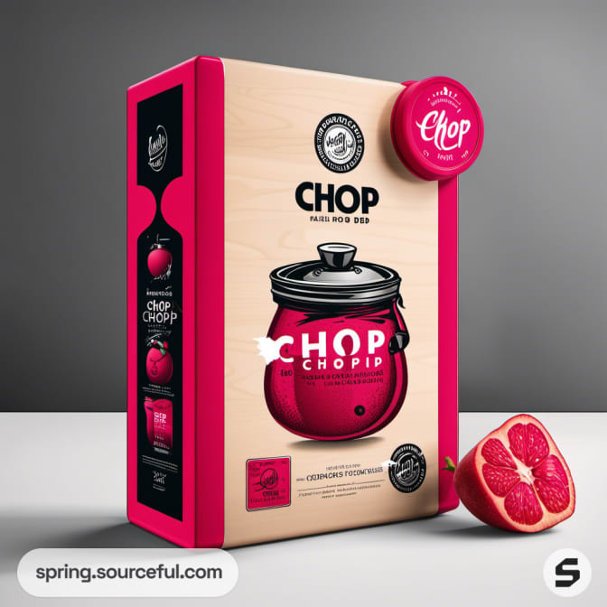 Cardboard box with a jar graphic, labeled 'Chop', featuring a red lid and a grapefruit on the side.