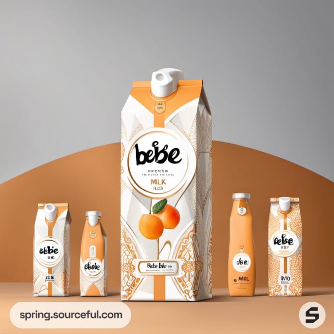 Milk packaging with apricot theme in various sizes.