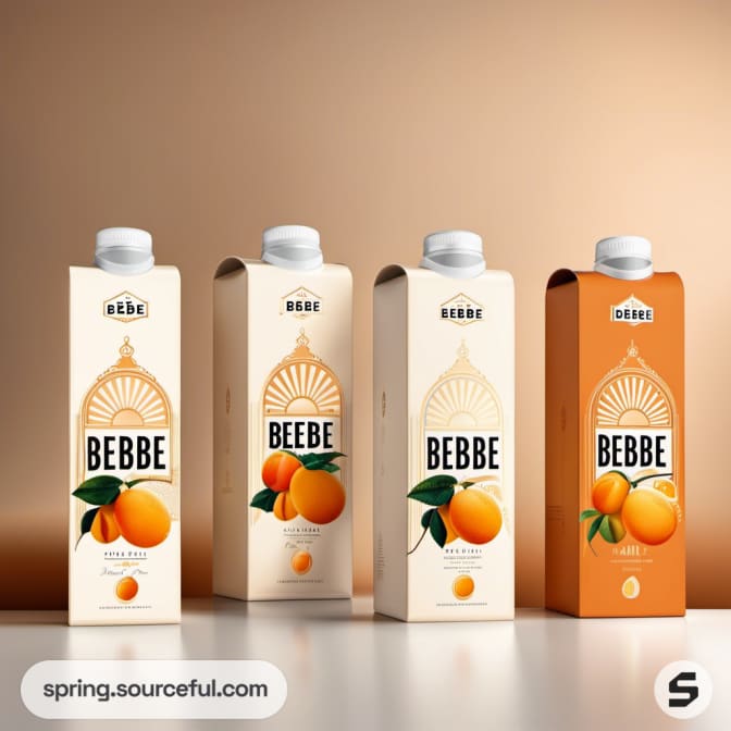 BEBBE milk cartons with apricot illustrations.