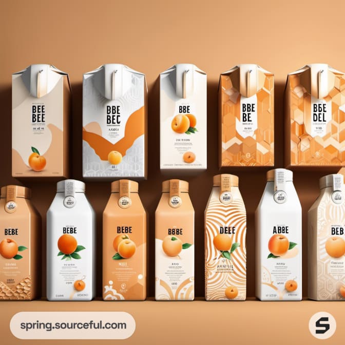 Assorted apricot-design milk cartons and bottles.