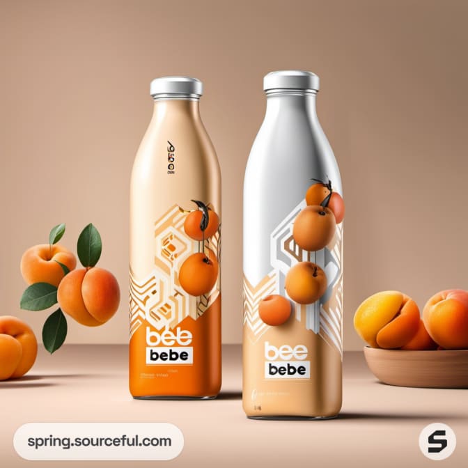 Two milk bottles with apricot graphics and logo.