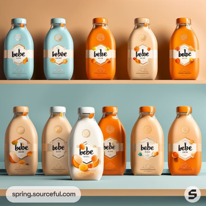 Shelf display of milk bottles in orange and teal.