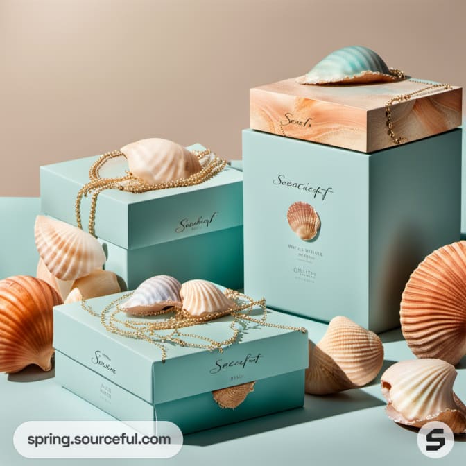 Elegant sea-themed boxes with shells and a necklace.