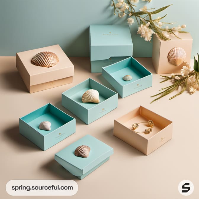 Assorted open sea-themed boxes with minimal shell decor.