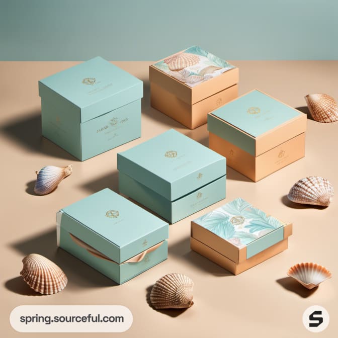 Various sizes of sea-themed boxes with shell emblems.