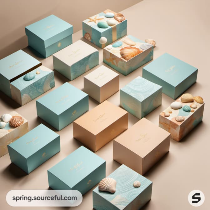 Assortment of sea-themed boxes decorated with shells.