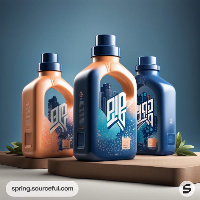 Three detergent bottles with urban skyline design, featuring orange and blue colors, on a cardboard base.