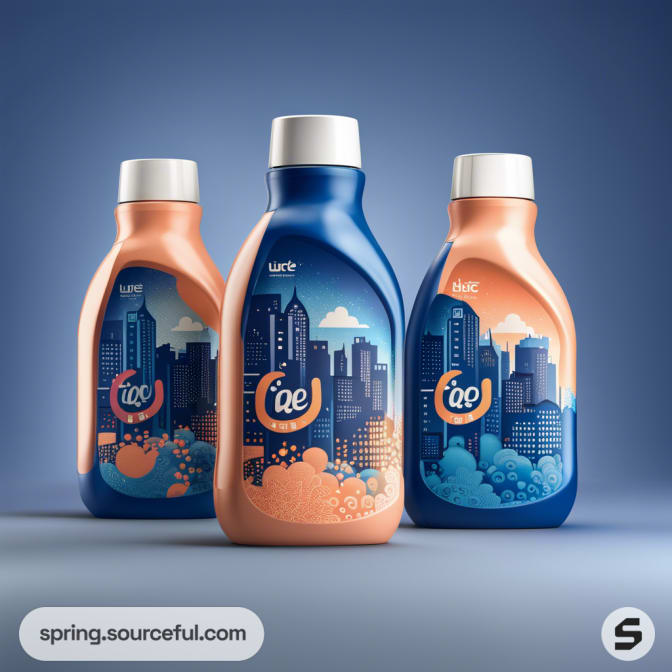 Three bottles with cityscape designs and colorful bubbles on a blue gradient background.