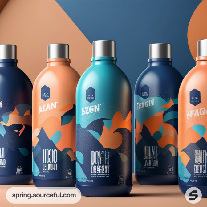 Colorful detergent bottles with abstract patterns on geometric backdrop.