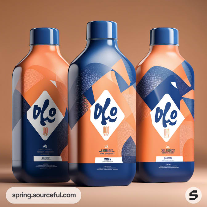 Three bottles with abstract orange and blue designs on a brown background.