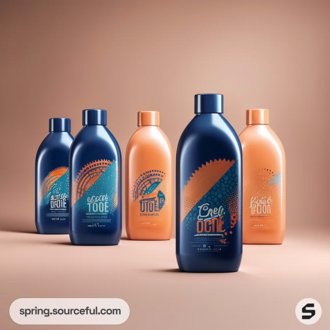 Colorful shampoo bottles in blue and orange with abstract designs on a brown background.