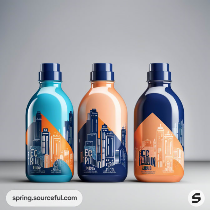 Three decorative bottles with city skyline designs in blue and orange hues on a white background.