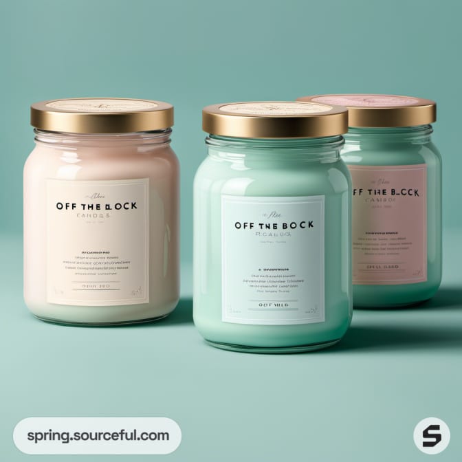 Three candles in jars with gold lids on teal background.