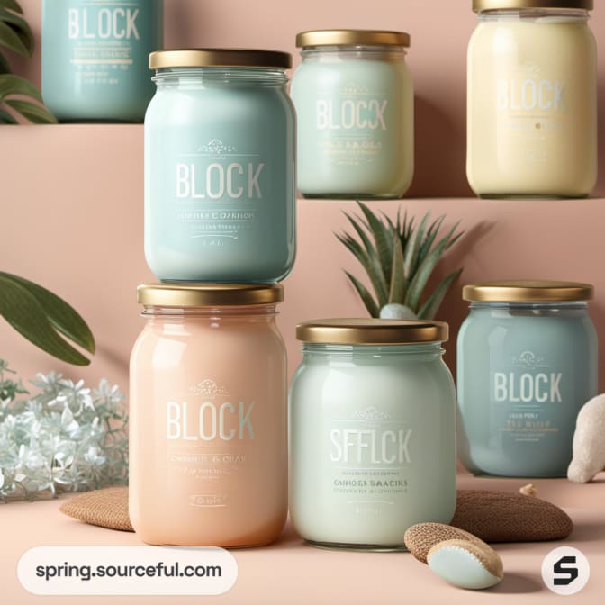 Candles in pastel colors in jars with metallic lids.