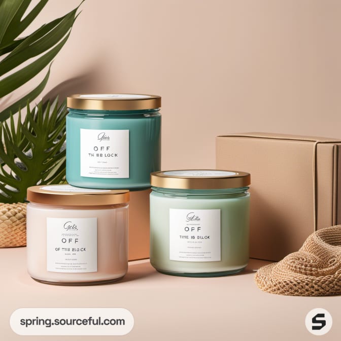 Three candles in glass jars with gold lids on a beige backdrop.