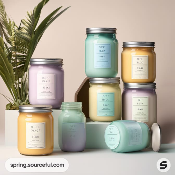 Pastel-colored candles in jars with metal lids.