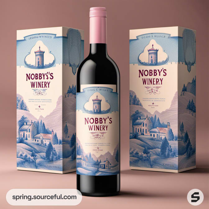 Red wine bottle with vineyard-themed carton packaging