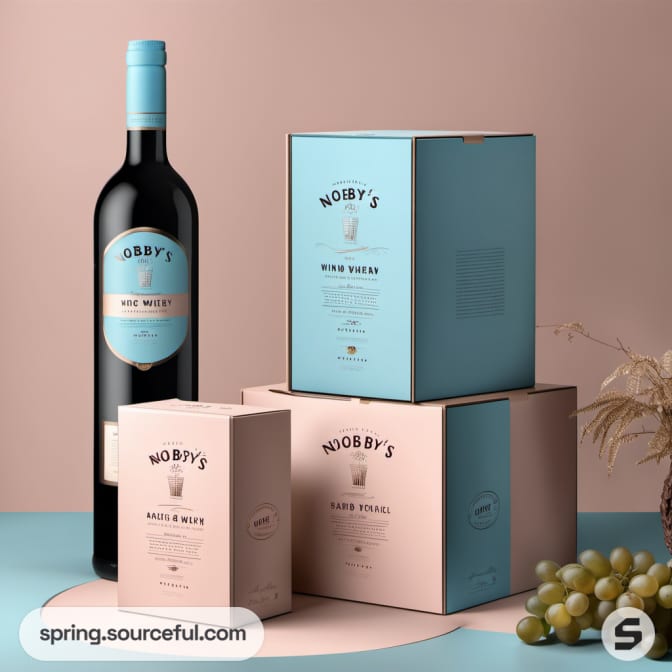 Wine bottle with pastel blue and pink boxes