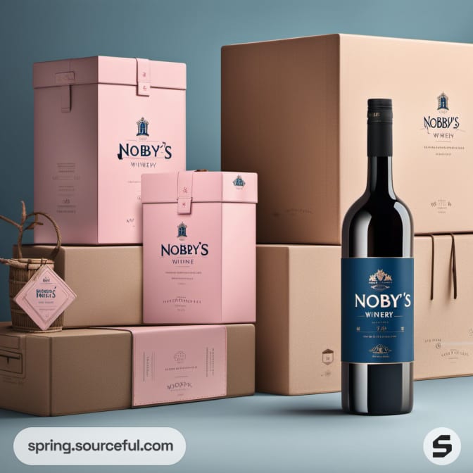 Wine bottle with pink and brown boxes and gift tags