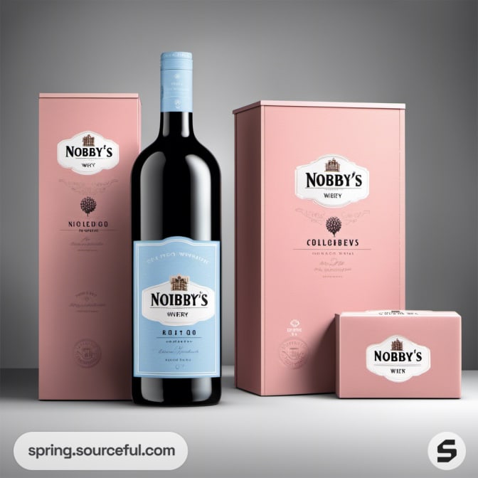 Wine bottle with pink and blue packaging
