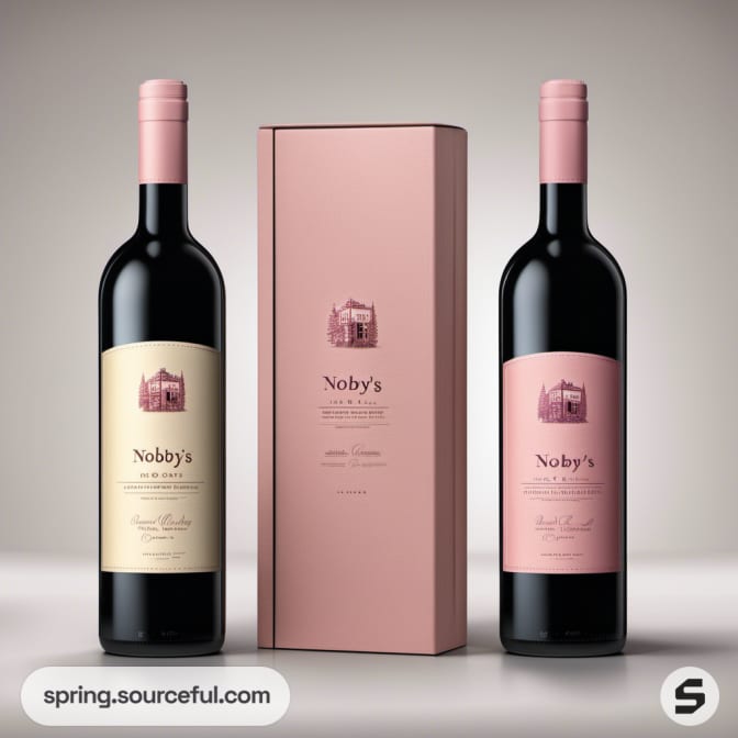 Two wine bottles with simple pink carton