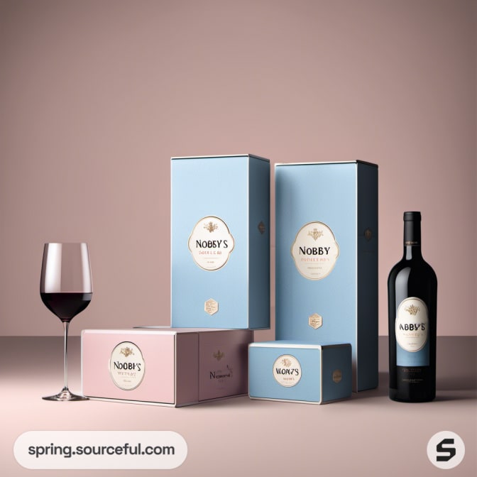 Wine bottle and glass with blue boxes