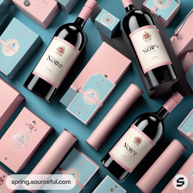 Wine bottles with pink and blue themed boxes