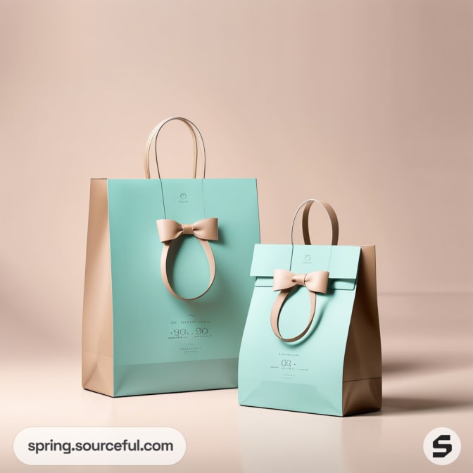 Aqua and beige paper bags with bow handles against a beige background.