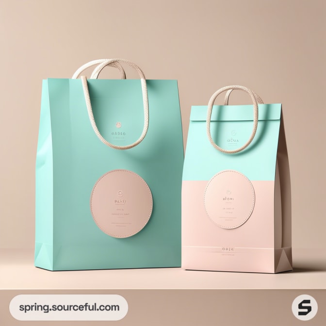 Aqua and beige paper bags with circular labels and handles.