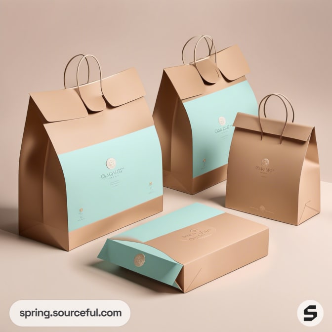 Set of beige and aqua paper bags and boxes with handles.