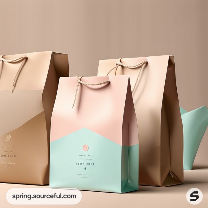 Three paper bags in beige, pink, aqua with rope handles.