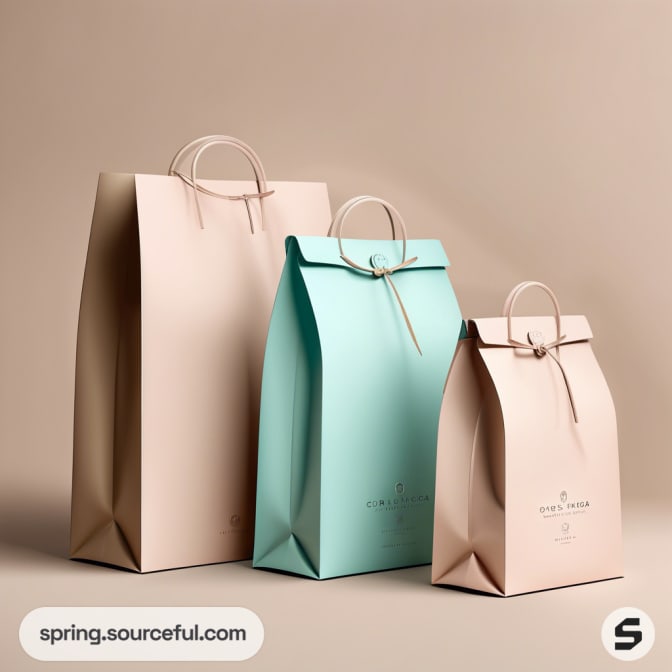 Three tall paper bags in pastel colors, tied with strings.