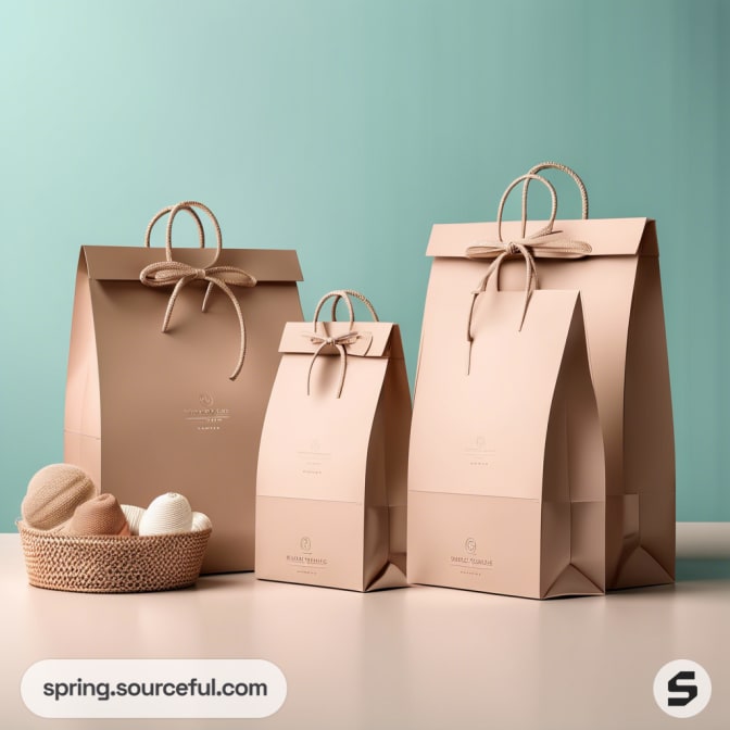 Three beige paper bags with strings and woven basket with soaps.