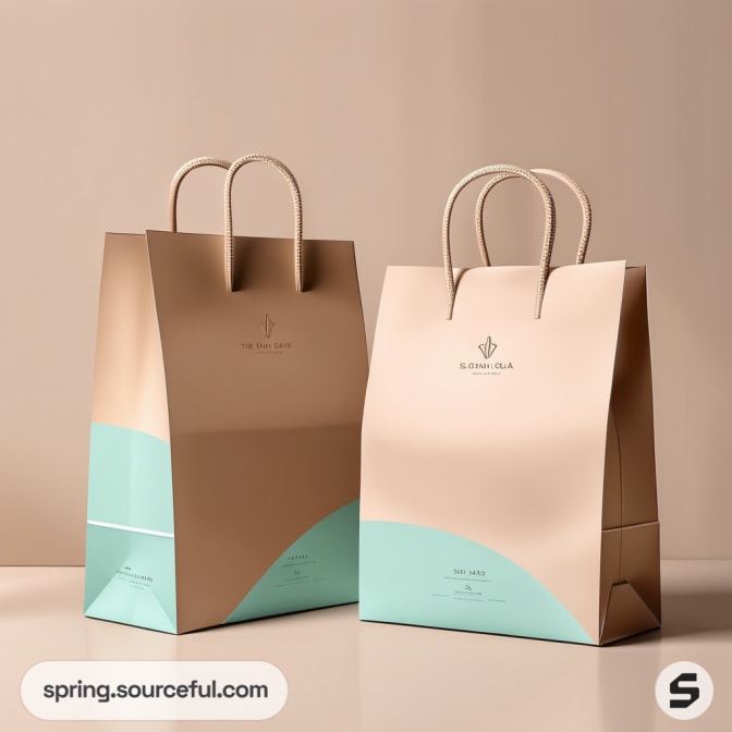 Beige and aqua paper bags with curved design and handles.