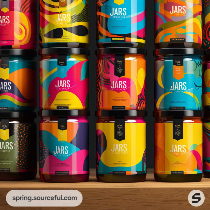 Stacked jars with colorful abstract geometric labels on a wooden shelf.