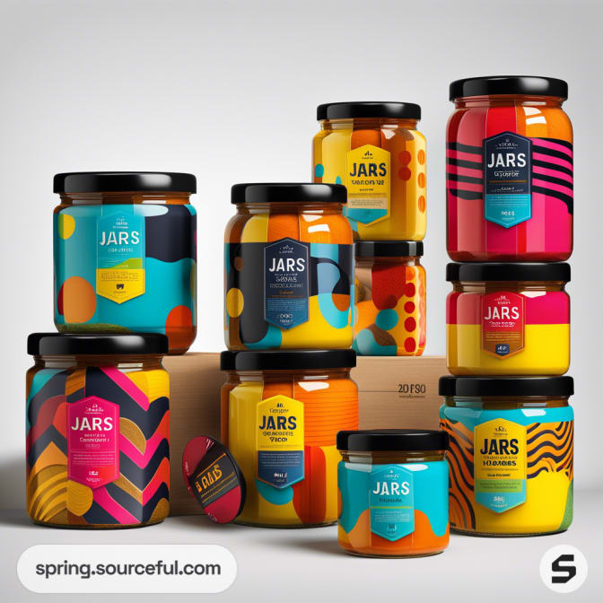 Colorful glass jars with abstract geometric labels in various sizes arranged in a stack.
