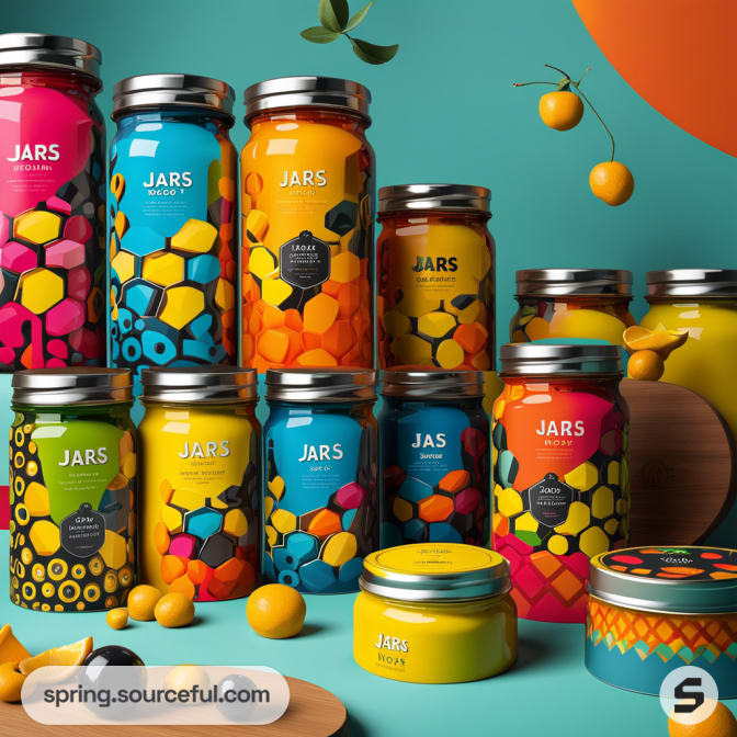 Colorful hexagonal patterned jars of preserved fruits with metal lids on a bright teal background.