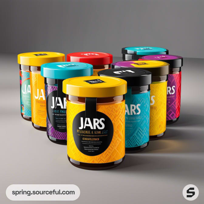 Vibrant jars with colorful lids and labels in various patterns, neatly arranged on a gray surface.