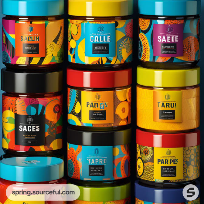 Colorful stack of jars with artistic labels and vibrant designs.