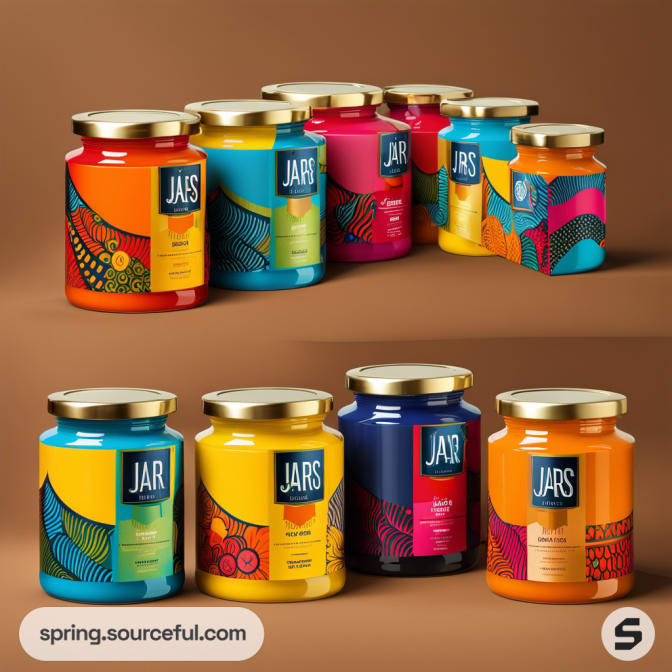 Colorful jars with gold lids, featuring vibrant abstract labels on a brown background.