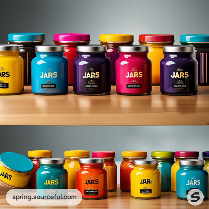 Colorful collection of jars with metallic lids on wooden shelves.