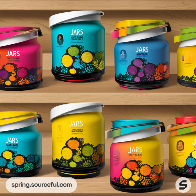 Colorful jars with abstract circle patterns on wooden shelves.